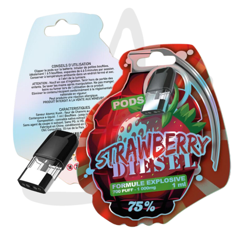 Pod 1ml 700 puff Vape Formule explosive "Strawberry Diesel" 75% 10-OH-HHC, CBD, CBN, CBG, CBC